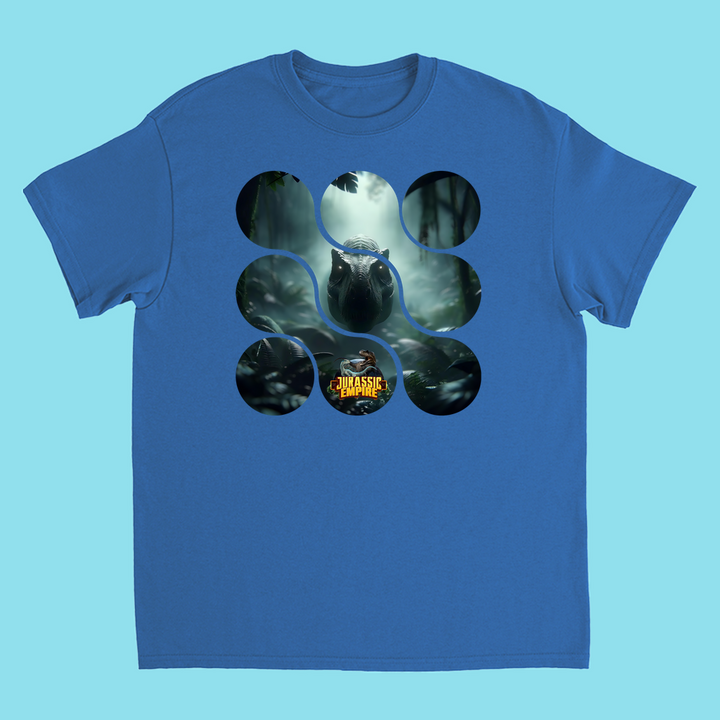 Kids Jurassic Empire T-Rex T-Shirt by Jurassic Studio features a circular dino design in a misty forest with the Jurassic World logo—perfect for young fans.