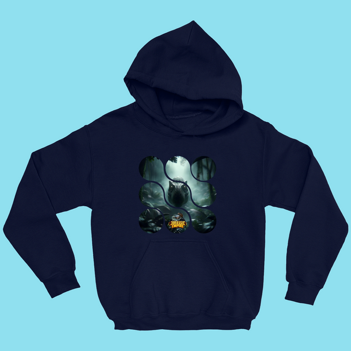 The Kids Jurassic Empire T-Rex Hoodie by Jurassic Studio features a navy blue design with a dark forest and black jaguar graphic on the chest, accented by a yellow Jaguar Jungle logo for standout style.