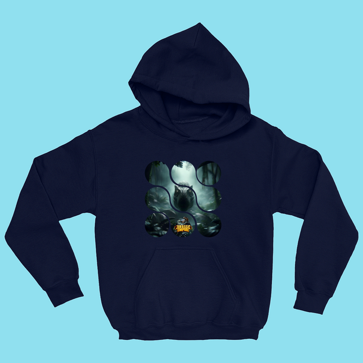 Navy blue Kids Jurassic Empire T-Rex Hoodie by Jurassic Studio on a light blue background, featuring a silhouetted wolf howling at the moon in a misty forest, abstract shapes, and CHANGE in bold yellow—exclusive dinosaur hoodie.