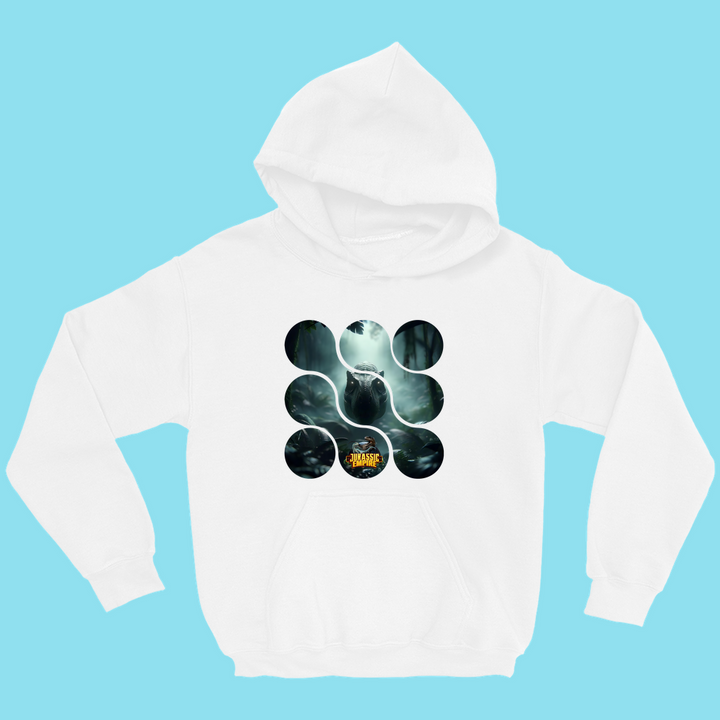 White hoodie for kids featuring nine circular images in a square on the front, each showing a T-Rex scene with MAMA BEAR in yellow. An exclusive Kids Jurassic Empire T-Rex Hoodie from Jurassic Studio, set against a light blue background.