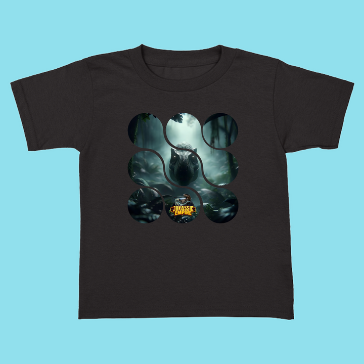 The Toddler Jurassic Empire T-Rex T-Shirt by Jurassic Studio features a T-Rex bursting through cutouts in a misty forest, with the Jurassic Park logo at the bottom. Exclusive design and perfect for young dinosaur fans. Light blue background.