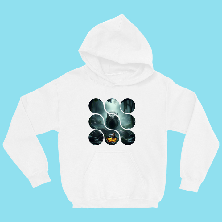 Kids Jurassic Empire T-Rex Hoodie by Jurassic Studio features a circular graphic of a T-Rex, exclusive to the brand, with the Animal Planet logo at the bottom center on a solid light blue background.