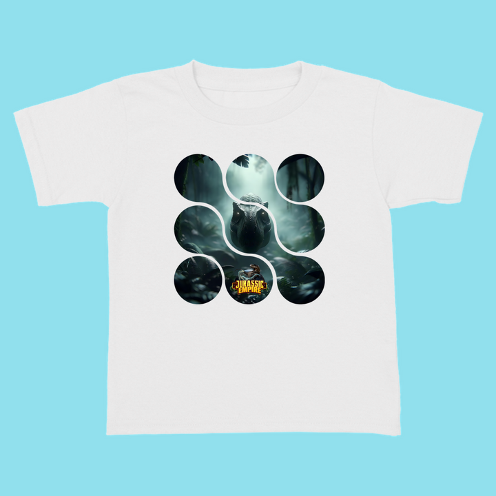 The Toddler Jurassic Empire T-Rex T-Shirt by Jurassic Studio features a dinosaur in a jungle with circular cutouts and a yellow-orange logo—perfect for dinosaur fans. Shown on a light blue background.
