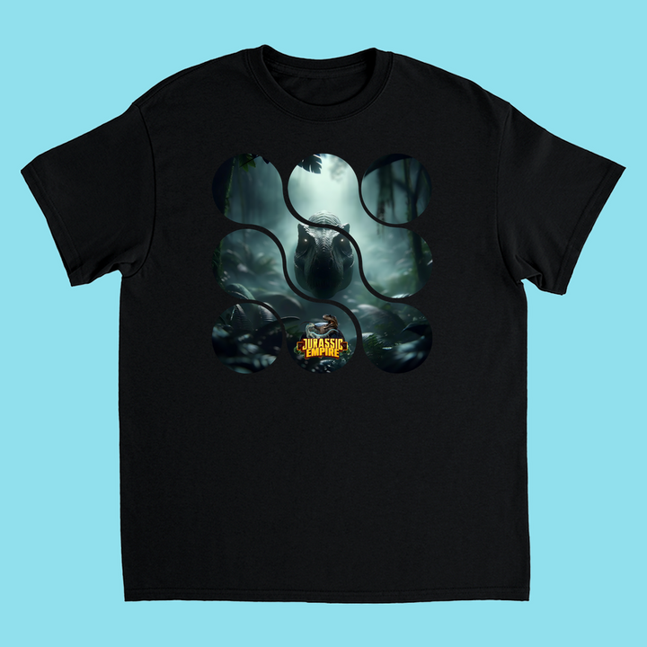 The Kids Jurassic Empire T-Rex T-Shirt by Jurassic Studio features circular cutouts forming a dinosaur in a misty forest, with the Jurassic Park logo at the bottom center and a light blue background—ideal for young fans.