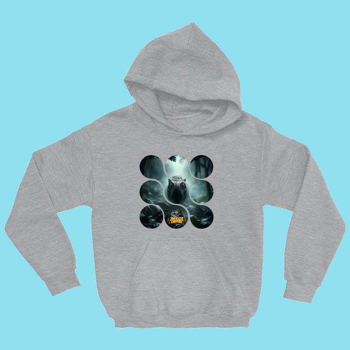 The Kids Jurassic Empire T-Rex Hoodie by Jurassic Studio, shown on a blue background with a circular wolf-in-forest graphic and Wild Nature text, is perfect for fans seeking unique styles beyond classic dinosaur hoodies.