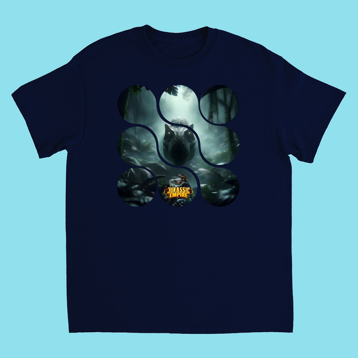 Navy blue Kids Jurassic Empire T-Rex T-Shirt by Jurassic Studio features circular cutouts forming a large circle, revealing a dinosaur in a misty jungle. The Jurassic Park logo is at the bottom—ideal for young fans of Jurassic Studio tees.