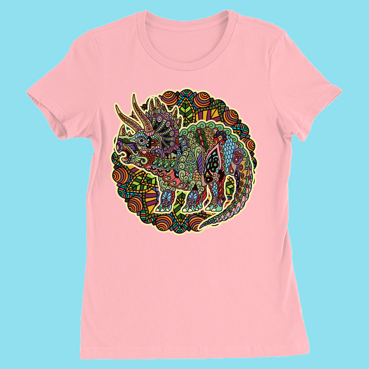 The Jurassic Studio Women Triceratops Mandala T-Shirt features a colorful, intricately patterned triceratops on a light blue background—a unique dinosaur gift.