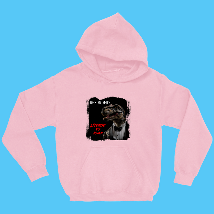 The Kids Rex Bond Hoodie by Jurassic Studio showcases a dinosaur as James Bond with Rex Bond and License to Roar in red on black—a perfect gift for dino fans. Displayed on a blue backdrop, this fun hoodie stands out.