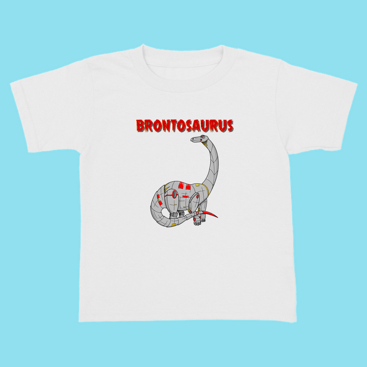 The Jurassic Studio Toddler Robot Brontosaurus T-Shirt features a cartoon robot brontosaurus and bold red BRONTOSAURUS text—an exclusive, perfect dinosaur fan gift, shown on a light blue background.