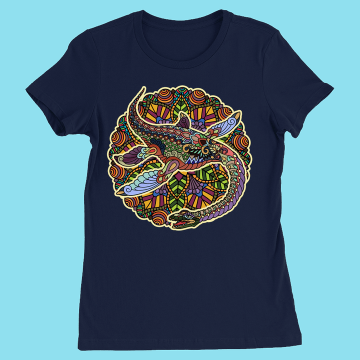 The Jurassic Studio Women Plesiosaurus Mandala T-Shirt features a colorful, intricate dragon design in a circular stained glass style—perfect for dinosaur fans.