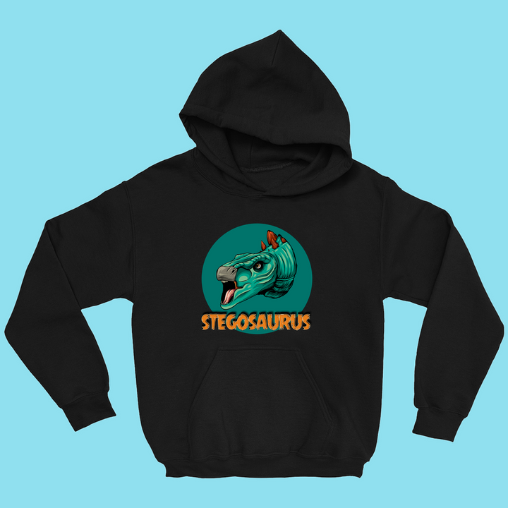 The Jurassic Studio Kids Stegosaurus Head Hoodie features a cartoon green stegosaurus head with red plates on a light blue background and bold orange STEGOSAURUS text—perfect for young dinosaur fans.