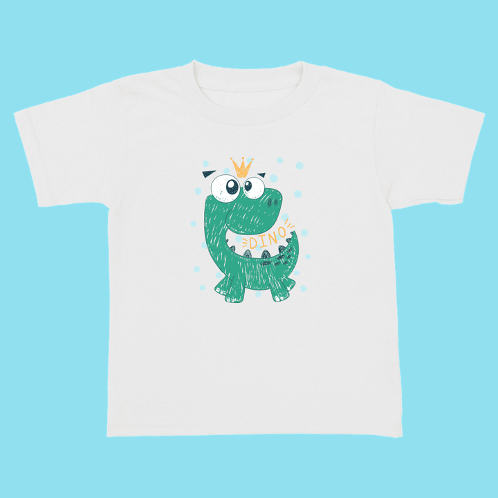 The Jurassic Studio Toddler Baby Green Dino T-Shirt is 100% cotton, featuring a crowned green cartoon dinosaur with DINO and blue dots on light blue—a perfect gift for young dinosaur fans!.