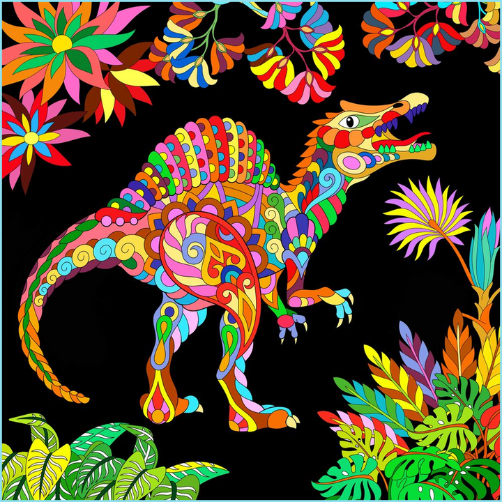 The Spinosaurus Zentangle Poster by Jurassic Studio features a vibrantly patterned dinosaur amid colorful tropical foliage on a black backdrop, creating a bold, eye-catching canvas display with intricate abstract designs.