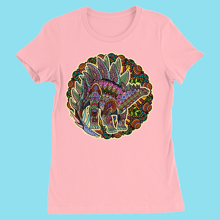 The Women Stegosaurus Mandala T-Shirt by Jurassic Studio features a vibrant, intricately patterned dinosaur design on a pink tee—a perfect gift for dino lovers.
