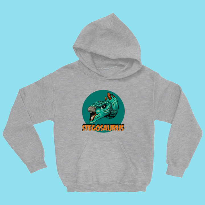 The Jurassic Studio Kids Stegosaurus Head Hoodie is gray with a colorful stegosaurus and bold orange STEGOSAURUS lettering on a teal circle—a must-have for dinosaur hoodie fans.