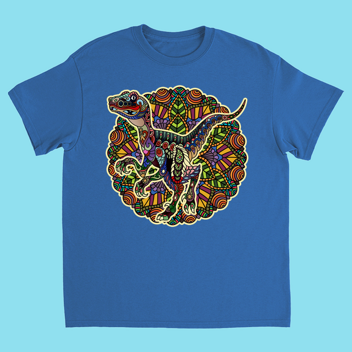 The Jurassic Studio Kids Velociraptor Mandala T-Shirt features a vibrant, mandala-style dinosaur design with intricate patterns—perfect as a gift for young dino fans.