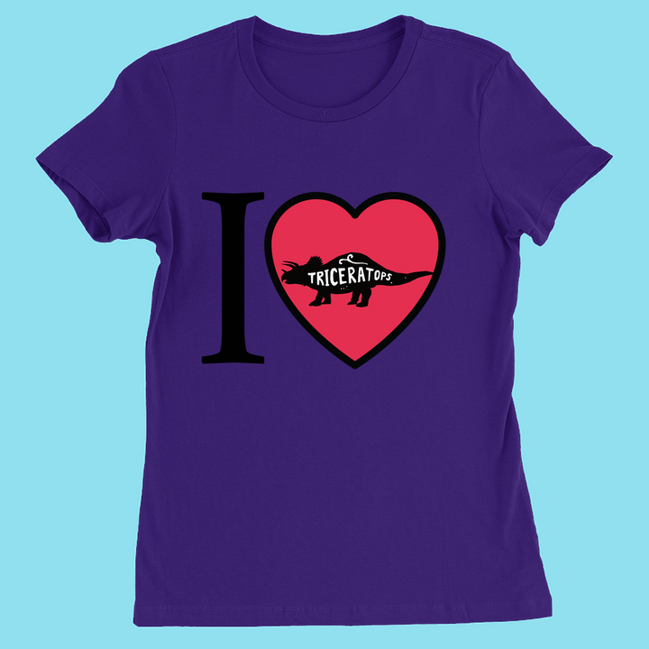 The Women I Love Triceratops T-Shirt by Jurassic Studio features a bold black I, a red heart with a triceratops silhouette, and Triceratops inside—making it the perfect unique dinosaur gift.