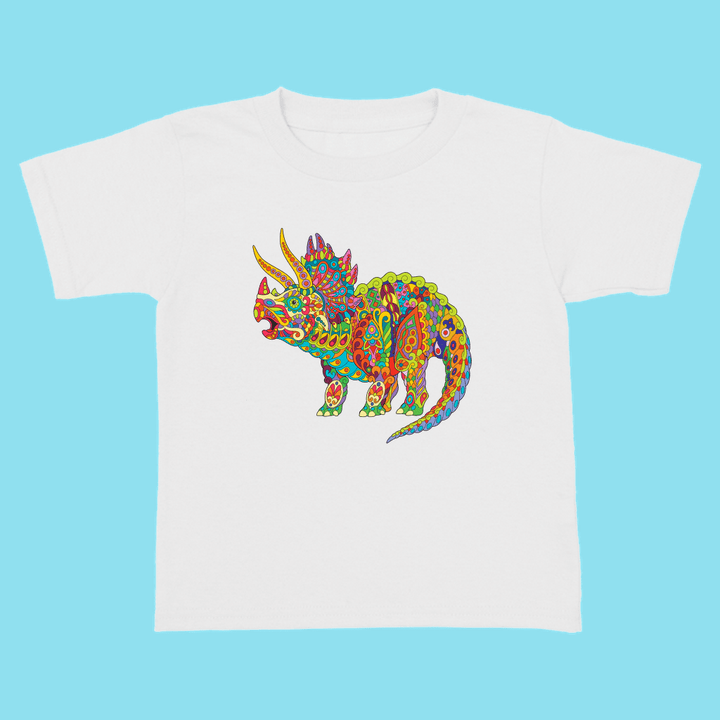 The Jurassic Studio Toddler Triceratops Zentangle T-Shirt features a colorful, detailed triceratops design on a white tee—perfect for little dinosaur fans and a unique, exclusive gift.