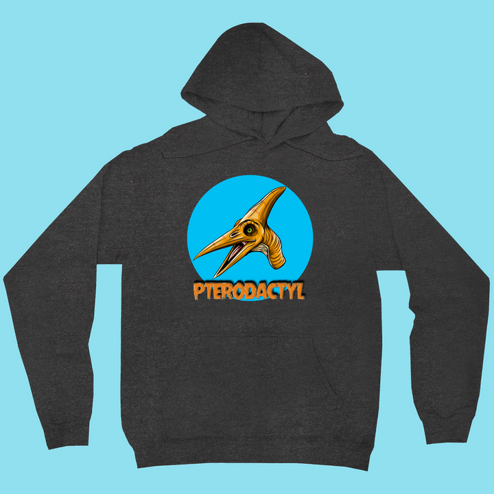 The Women Pterodactyl Head Hoodie by Jurassic Studio is a dark gray unisex hoodie with a cartoon pterodactyl head in a blue circle and PTERODACTYL in bold yellow-orange letters. A fun dinosaur gift for fans, set on a light blue background.