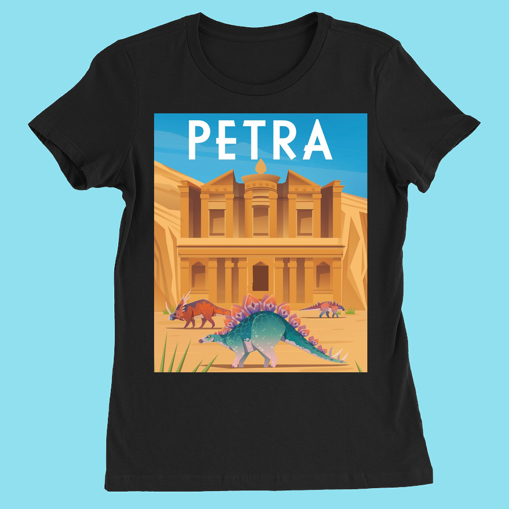 The Women Petra T-Shirt by Jurassic Studio is a black slim fit tee for women, featuring Petra’s rock-cut architecture with colorful stegosaurus and triceratops, plus bold PETRA lettering at the top.