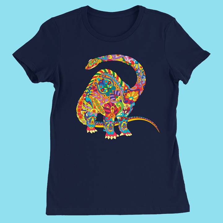 The Jurassic Studio Women Brontosaurus Zentangle T-Shirt features a colorful paisley-patterned dinosaur on a navy blue crew neck. Made from soft Airlume cotton for lasting comfort, with intricate floral and abstract designs in bold hues.