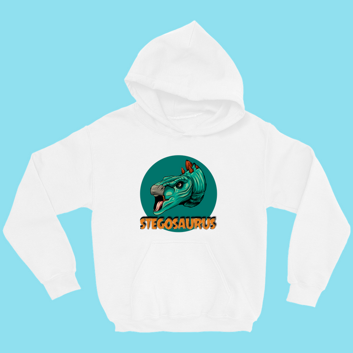The Kids Stegosaurus Head Hoodie by Jurassic Studio features a vibrant stegosaurus head in a green circle on the front, STEGOSAURUS in bold orange below, and a light blue background—perfect for young dinosaur fans!.