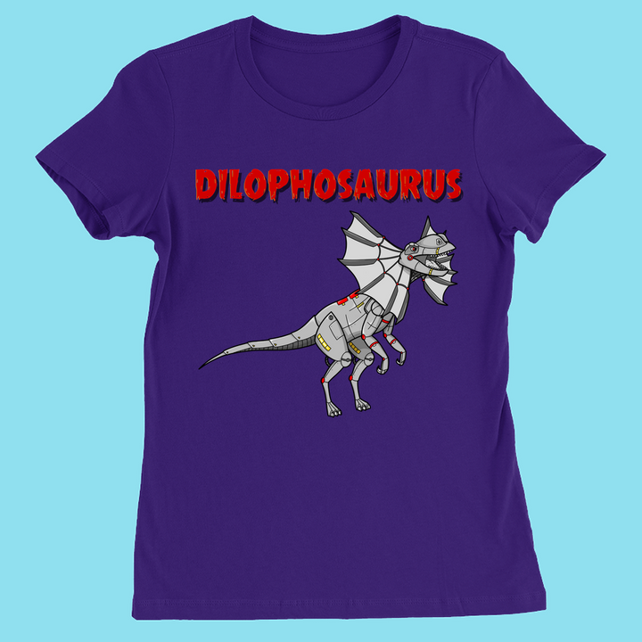 Jurassic Studio’s Women Robot Dilophosaurus T-Shirt features a cartoon robot Dilophosaurus with metal parts and wings under bold red “DILOPHOSAURUS,” on light blue—a perfect gift for dinosaur fans.