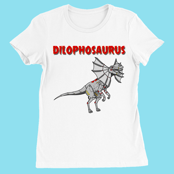 The Jurassic Studio Women Robot Dilophosaurus T-Shirt showcases a cartoon robotic dinosaur with wings and Dilophosaurus in bold red on light blue—perfect for any dinosaur fan.