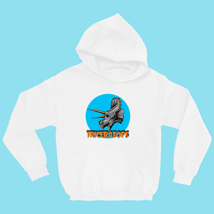 The Kids Triceratops Head Hoodie by Jurassic Studio features a bold triceratops head in a blue circle with TRICERATOPS in yellow, popping against a light blue background—ideal for fans.