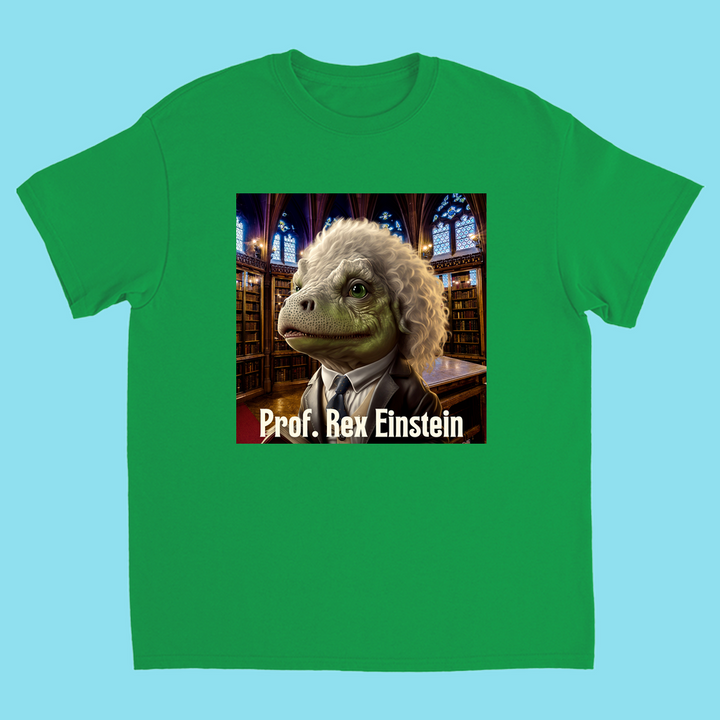 Jurassic Studio’s Kids Prof. Rex Einstein Bond T-Shirt features a green dino as Prof. Rex Einstein in a library on a blue, 100% cotton tee—perfect for young science fans!.