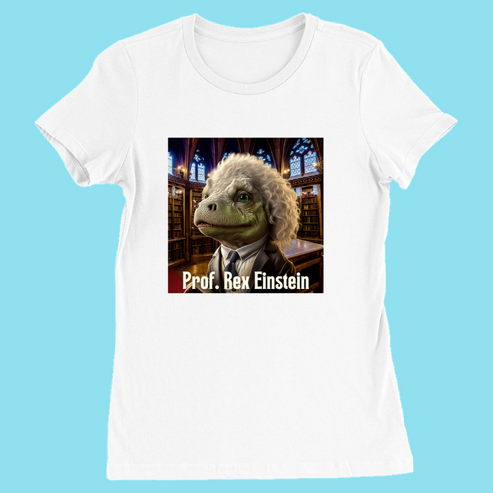 The Women Prof. Rex Einstein T-Shirt by Jurassic Studio features a dinosaur with Einstein-style hair in a suit, set in a library, with “Prof. Rex Einstein” text. Exclusive women’s tee from Jurassic Studio.