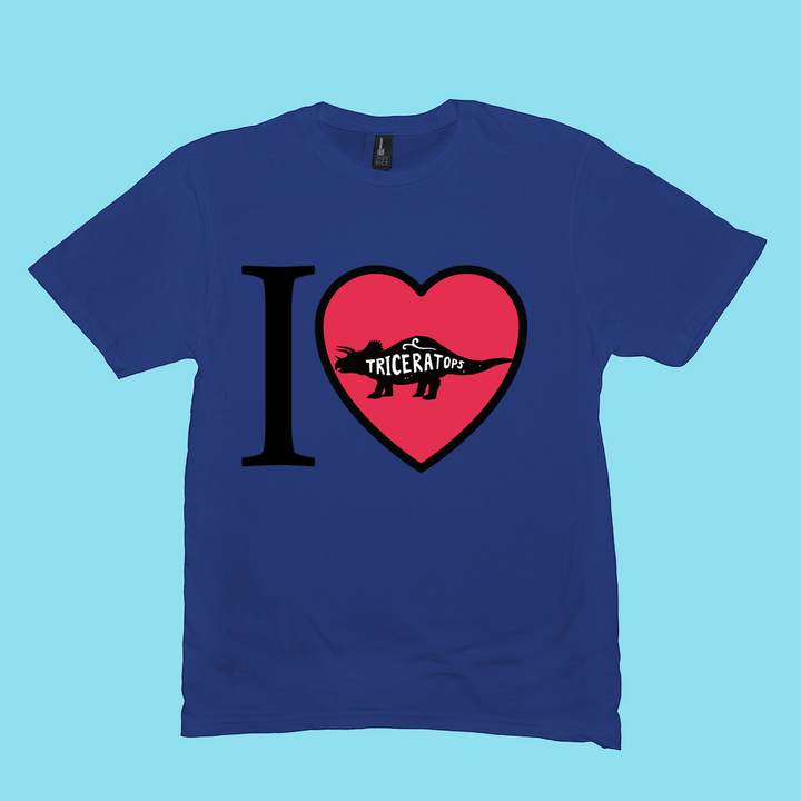 The Men I Love Triceratops T-Shirt by Jurassic Studio features bold “I ♥ Triceratops” text on light blue—an exclusive, perfect gift for any dinosaur fan.