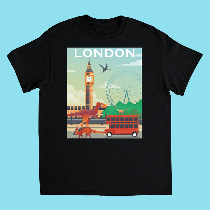 Kids London T-Shirt by Jurassic Studio features dinosaurs, Big Ben, the London Eye, and a red double-decker bus on a black tee. Bold LONDON tops the scene—perfect dinosaur gift!.