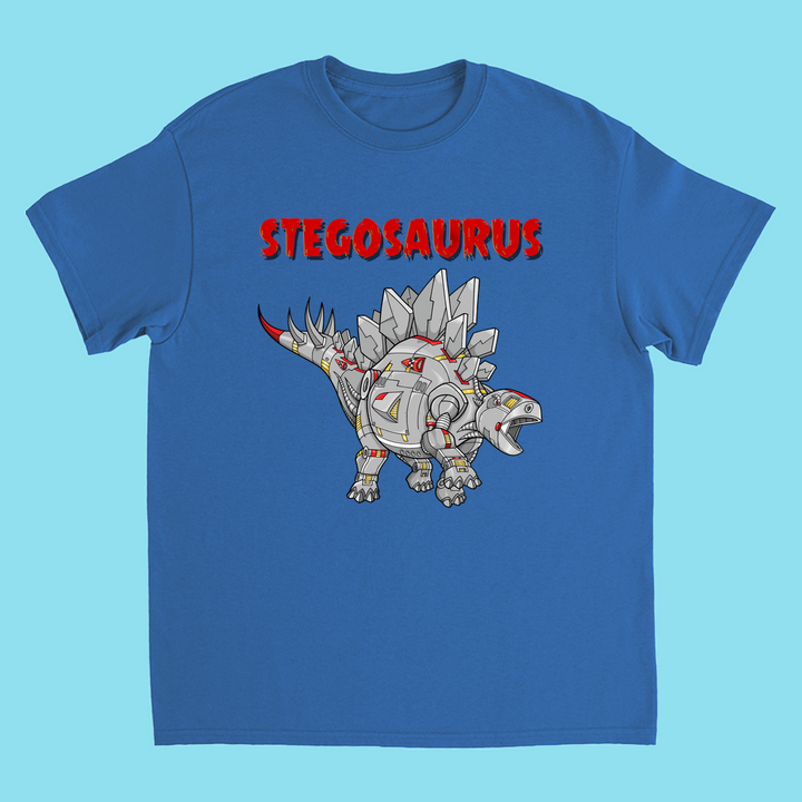 The Kids Robot Stegosaurus T-Shirt by Jurassic Studio features a cartoon robot stegosaurus with red accents and STEGOSAURUS in bold red on light blue—an exclusive gift for dinosaur fans.