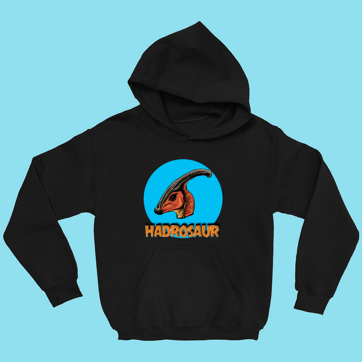 The Kids Hadrosaur Head Hoodie from Jurassic Studio features a black hoodie with a colorful hadrosaur head inside a blue circle and HADROSAUR in orange below—perfect for any young dinosaur fan!.