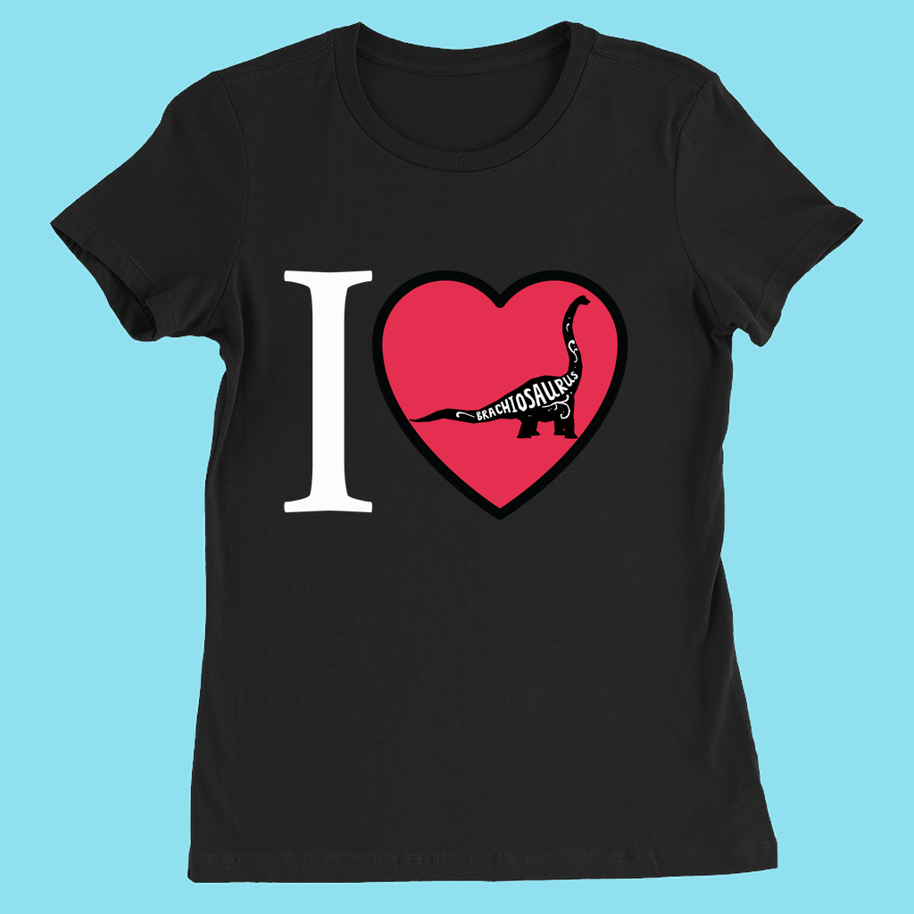 The Women I Love Brachiosaurus T-Shirt by Jurassic Studio features “I ♥ brachiosaurus” with a dino silhouette on a light blue background—perfect for dinosaur fans.