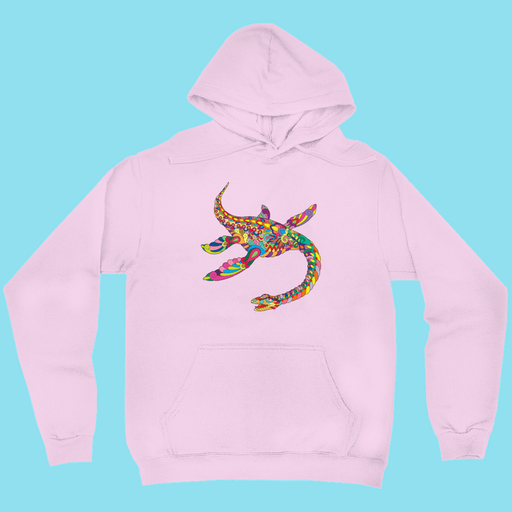 Jurassic Studio’s Men Plesiosaurus Zentangle Hoodie features a colorful, abstract prehistoric reptile in vibrant mosaic patterns on light pink fabric—a unique unisex look for fans of ancient marine life.