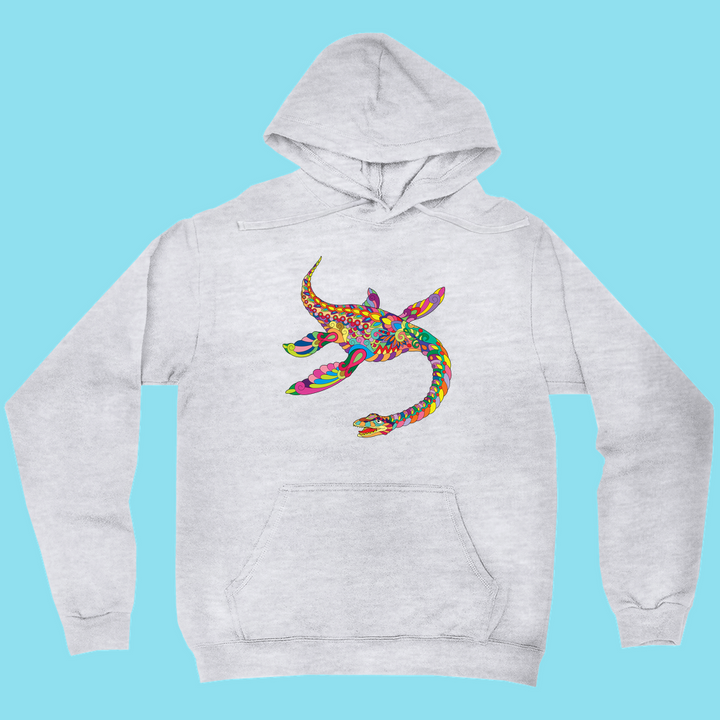 Light gray Men Plesiosaurus Zentangle Hoodie by Jurassic Studio, featuring a vibrant, mosaic-style Plesiosaurus graphic in blue, green, red, and yellow on a light blue background—a stylish choice for dinosaur hoodie fans.