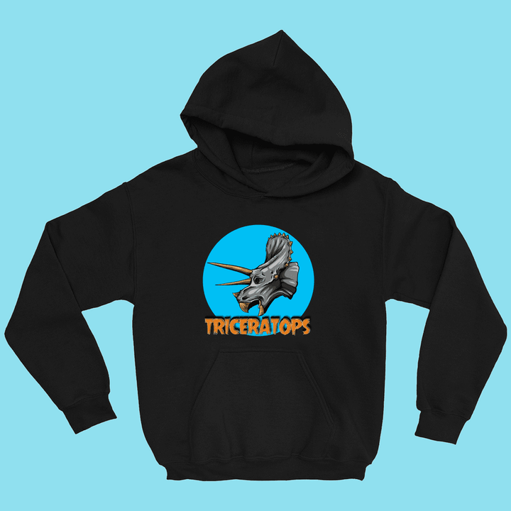 The Kids Triceratops Head Hoodie by Jurassic Studio features a triceratops graphic in a blue circle with bold orange “TRICERATOPS” text below, making it great for dino fans. Displayed on a light blue background.