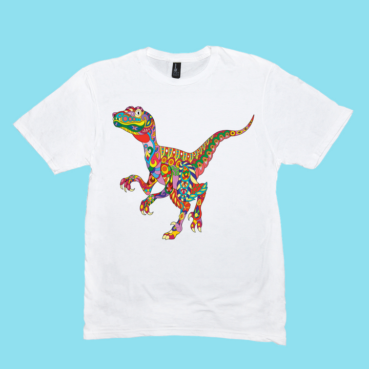 The Men Velociraptor Zentangle T-Shirt by Jurassic Studio features a colorful, patterned velociraptor illustration on a light blue background—ideal for any dinosaur fan.