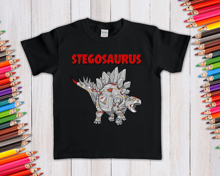 The Kids Robot Stegosaurus T-Shirt by Jurassic Studio features a robot-style stegosaurus, bold red STEGOSAURUS text, and colorful pencils—an exclusive gift for dinosaur fans.