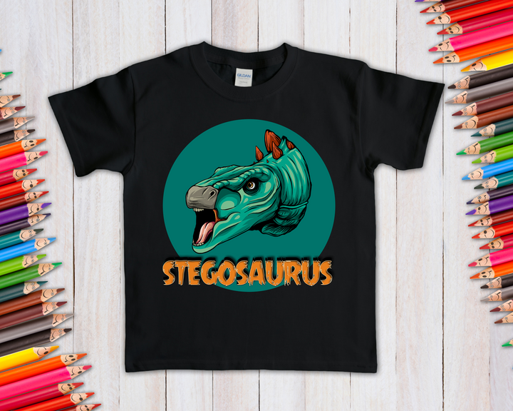 The Kids Stegosaurus Head T-Shirt by Jurassic Studio features a vibrant stegosaurus head in a teal circle with “STEGOSAURUS” in bold orange letters—an exclusive, creative gift for any dinosaur fan.
