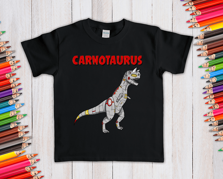 The Kids Robot Carnotaurus T-Shirt from Jurassic Studio is a black tee featuring a cartoon robotic Carnotaurus and bold red lettering—an ideal gift for dinosaur fans.