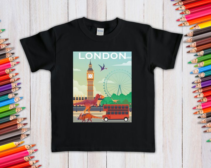 The Jurassic Studio Kids London T-Shirt is black and features playful dinosaurs with Big Ben, the London Eye, a red bus, and “LONDON” above. A colorful scene perfect for dinosaur lovers. Great as a gift!.