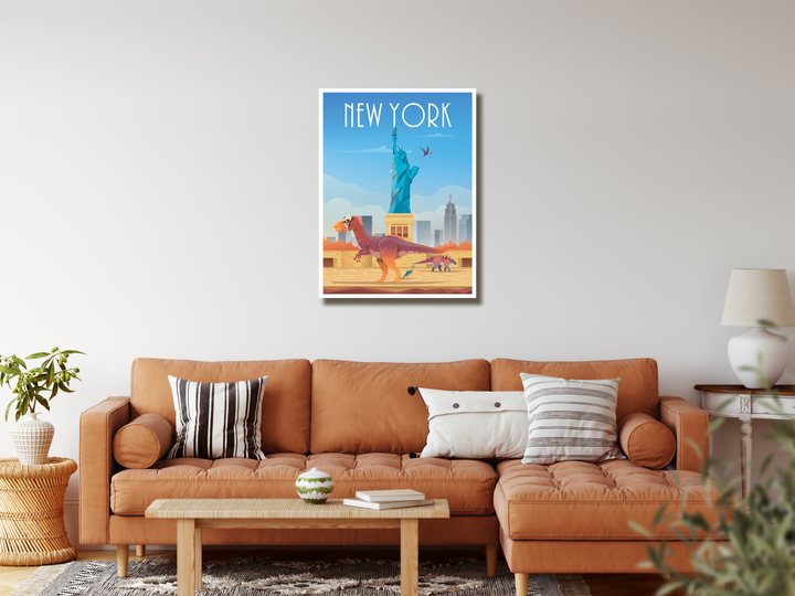 A modern living room with a tan sofa, striped and solid pillows, wooden coffee table, and plants. On the wall hangs the “New York Canvas Wrap” by Jurassic Studio, showing dinosaurs and the Statue of Liberty in vibrant New York.