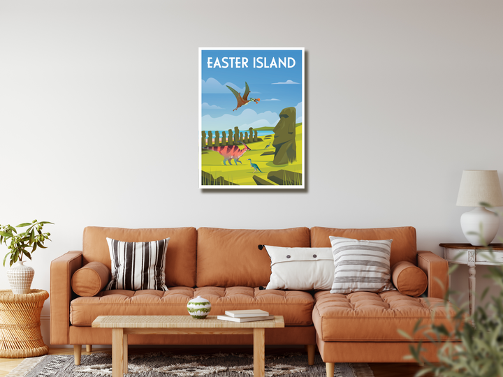 A modern living room featuring a tan sofa, striped pillows, wooden coffee table, and the Jurassic Studio Easter Island Canvas Wrap—wall art with illustrated moai statues, birds, and the words Easter Island.