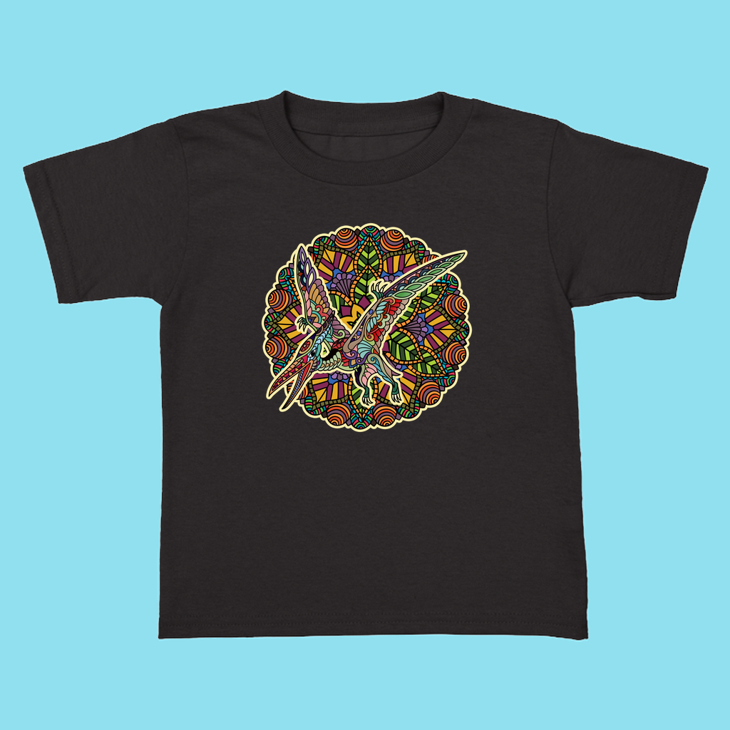 The Toddler Pterodactyl Mandala T-Shirt by Jurassic Studio features a vibrant mandala design with a colorful pterodactyl—an exclusive, unique gift for young dinosaur fans.
