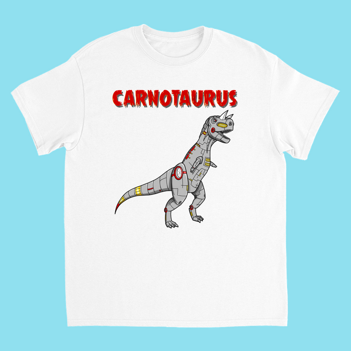 Kids Robot Carnotaurus T-Shirt by Jurassic Studio: white tee with a cartoon robot dinosaur and bold red CARNOTAURUS label on light blue. Perfect for dino fans and available only from Jurassic Studio.