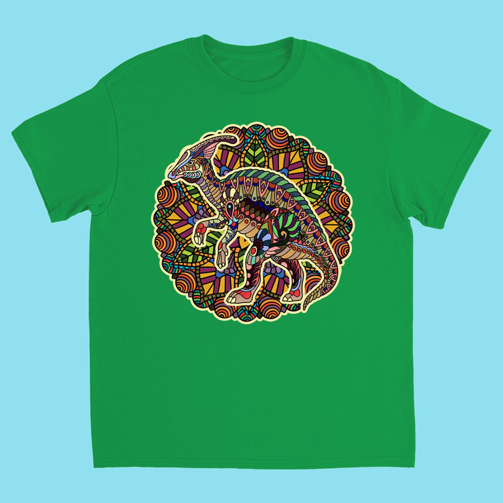 The Kids Hadrosaur Mandala T-Shirt by Jurassic Studio features a colorful patterned dinosaur inside a circular mandala on green—an ideal gift for any dinosaur fan.