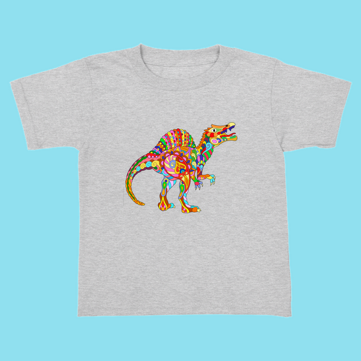 The Toddler Spinosaurus Zentangle T-Shirt by Jurassic Studio features a vibrant, abstract dinosaur design on light gray—perfect for any young dinosaur fan. Light blue background not included.